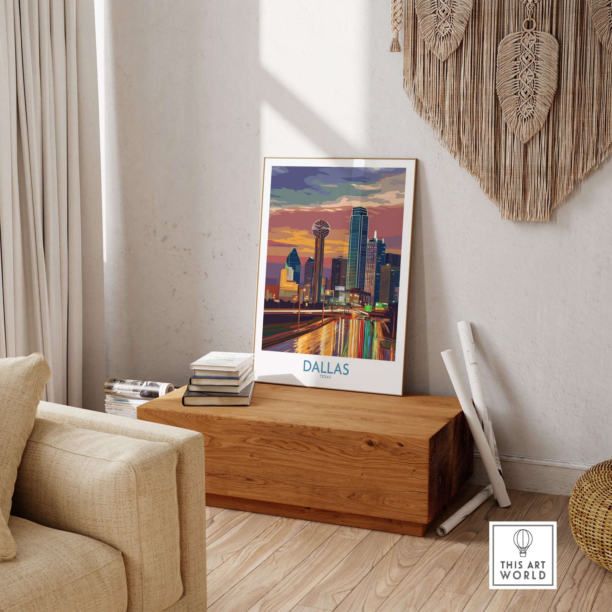 Dallas Downtown at Dusk Wall Art - Texas Urban Decor displayed in a stylish living room setting.