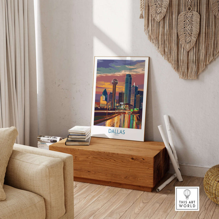 Dallas Downtown at Dusk wall art displayed in a modern living room, showcasing Texas urban decor.