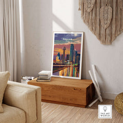 Dallas Texas Highway Night Lights Poster - Illuminated Skyline Print displayed in a cozy living room setting.