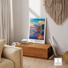 Daytona Beach Florida Oceanfront Reflections Poster - Florida Travel Decor displayed in a cozy living room setting.