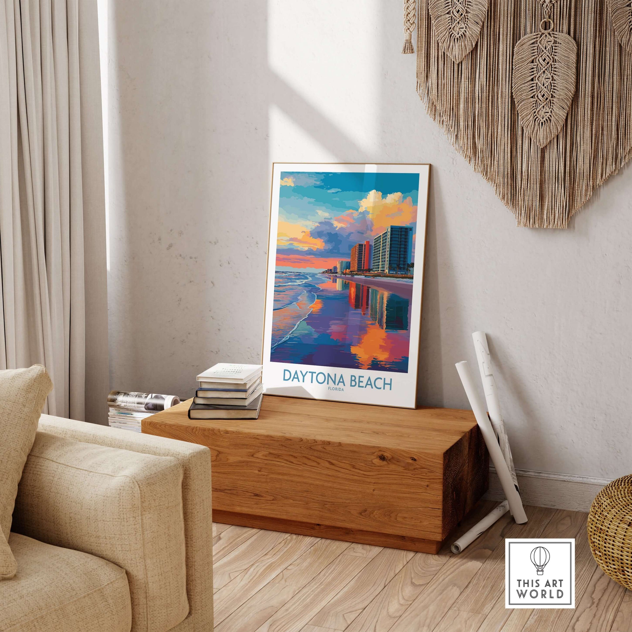 Daytona Beach Florida Oceanfront Reflections Poster - Florida Travel Decor displayed in a cozy living room setting.