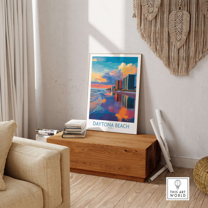 Daytona Beach Florida Oceanfront Reflections Poster displayed in a cozy room, showcasing vibrant coastal scenery.