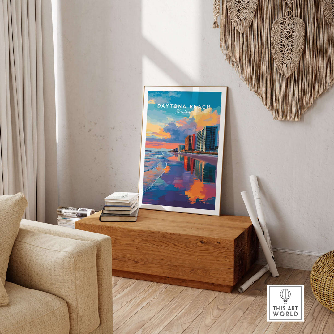 Colorful Daytona Beach sunset skyline print displayed in a cozy living room setting, enhancing coastal decor.