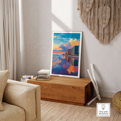 Daytona Beach Sunset Skyline Print - Florida Beachfront Cityscape Wall Art displayed in a stylish living room.