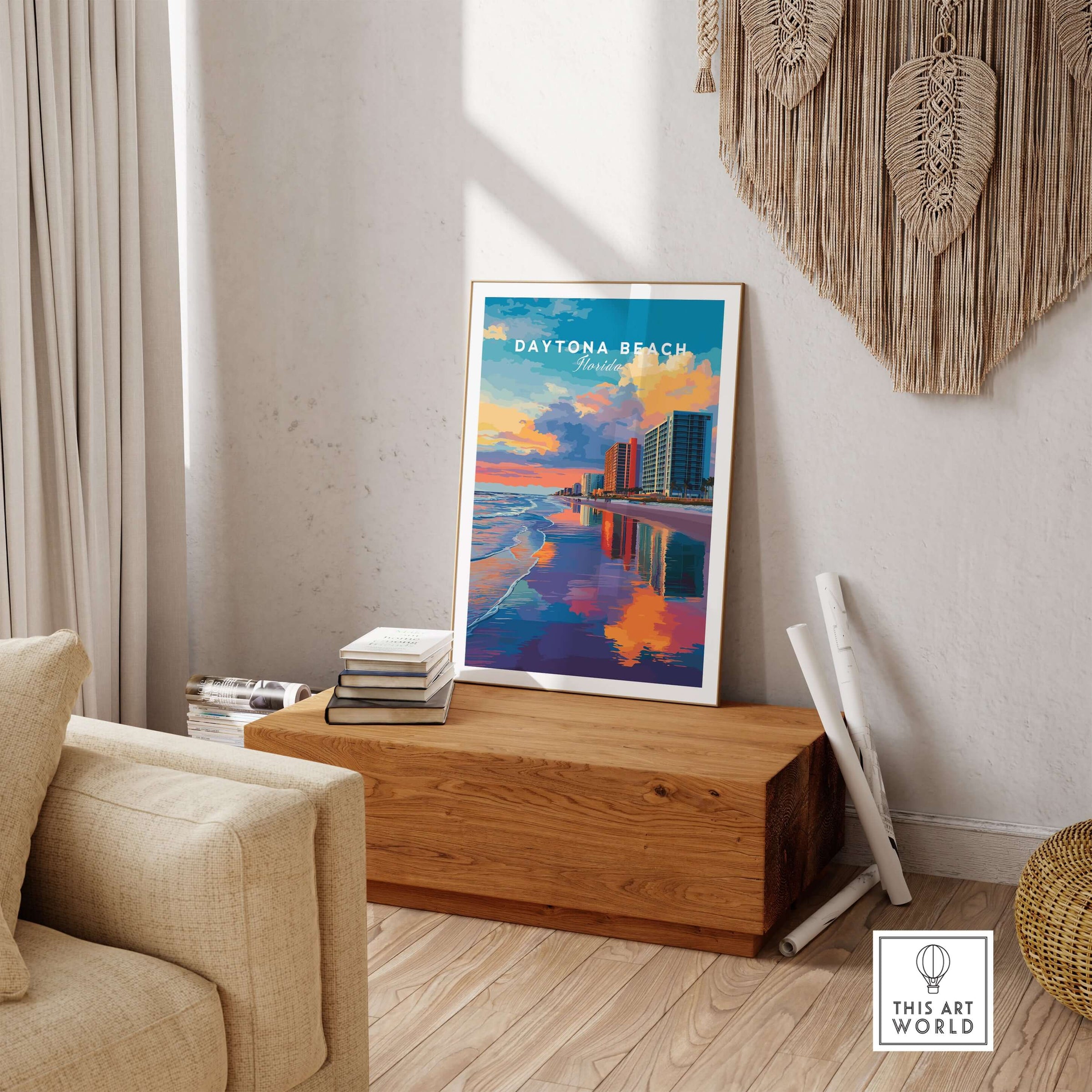 Daytona Beach Sunset Skyline Print - Florida Beachfront Cityscape Wall Art displayed in a stylish living room.