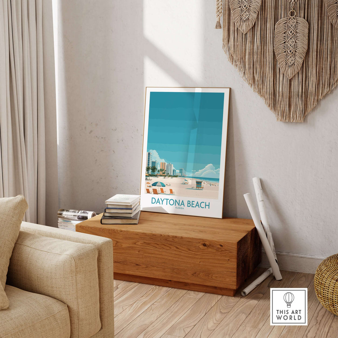 Daytona Beach Tropical Beachfront Poster displayed in a cozy living room, perfect for Florida vacation decor.