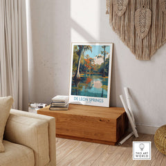 De Leon Springs Cypress Trees & Water Print - Florida Nature Decor displayed in a tranquil living room setting.