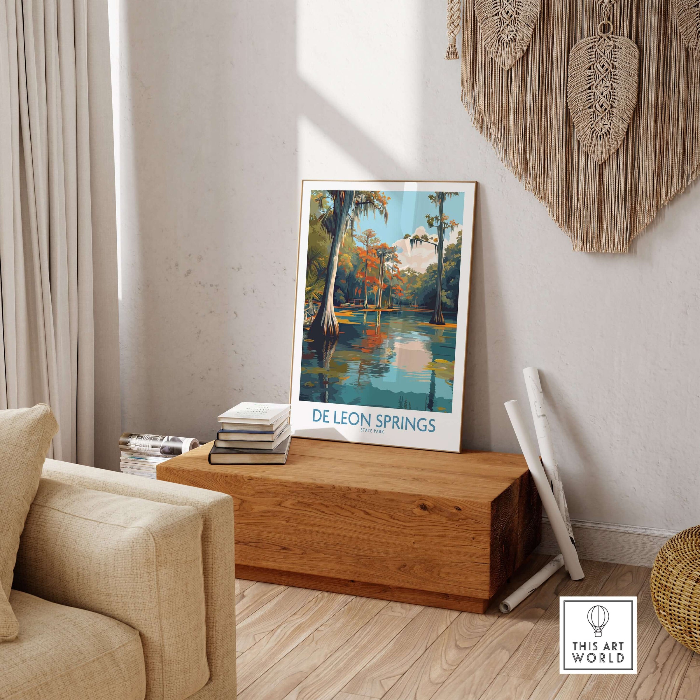 De Leon Springs Cypress Trees & Water Print - Florida Nature Decor displayed in a tranquil living room setting.