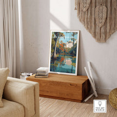 De Leon Springs Poster - Serene Florida State Park Wall Art displayed in a cozy room with natural decor.