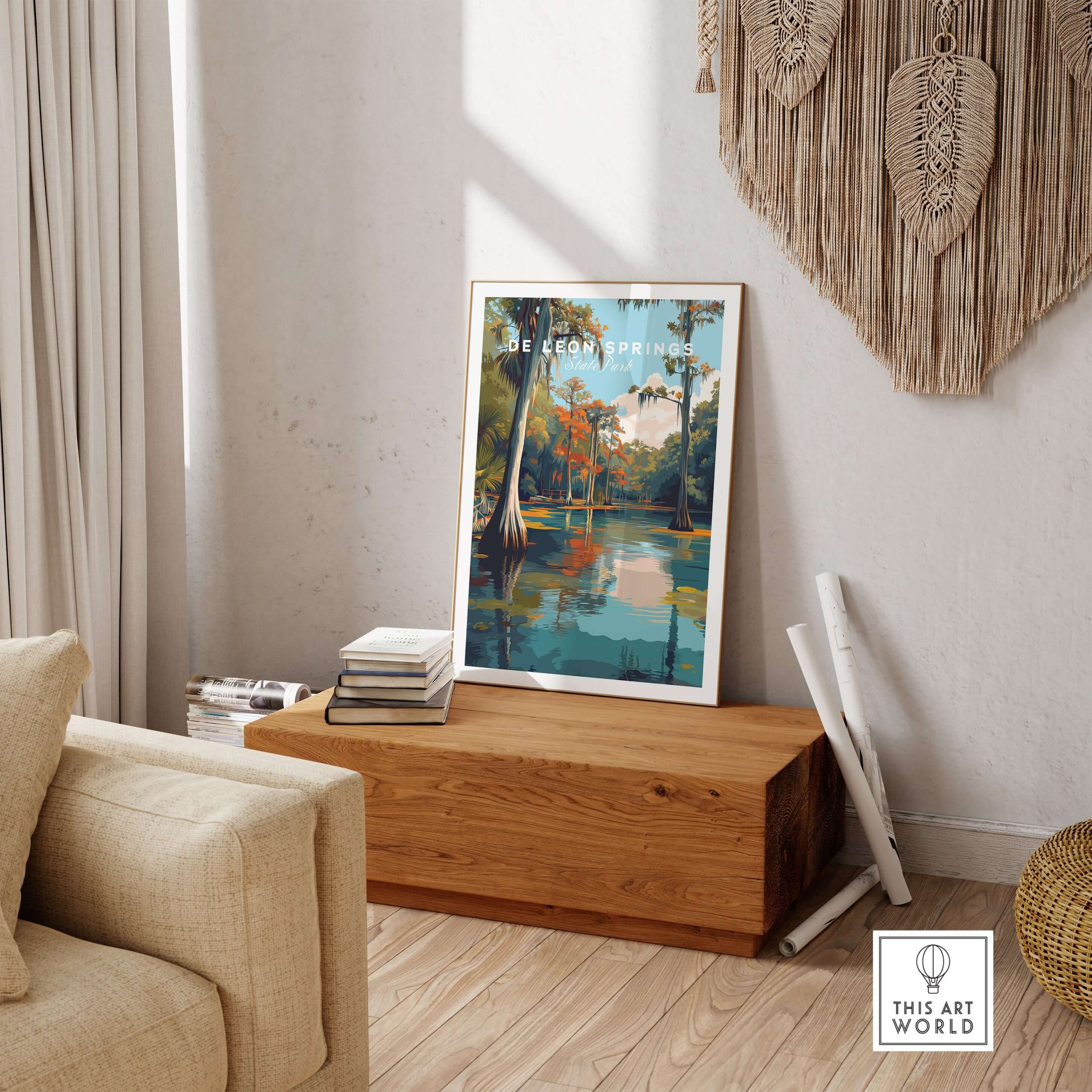 De Leon Springs Poster - Serene Florida State Park Wall Art displayed in a cozy room with natural decor.