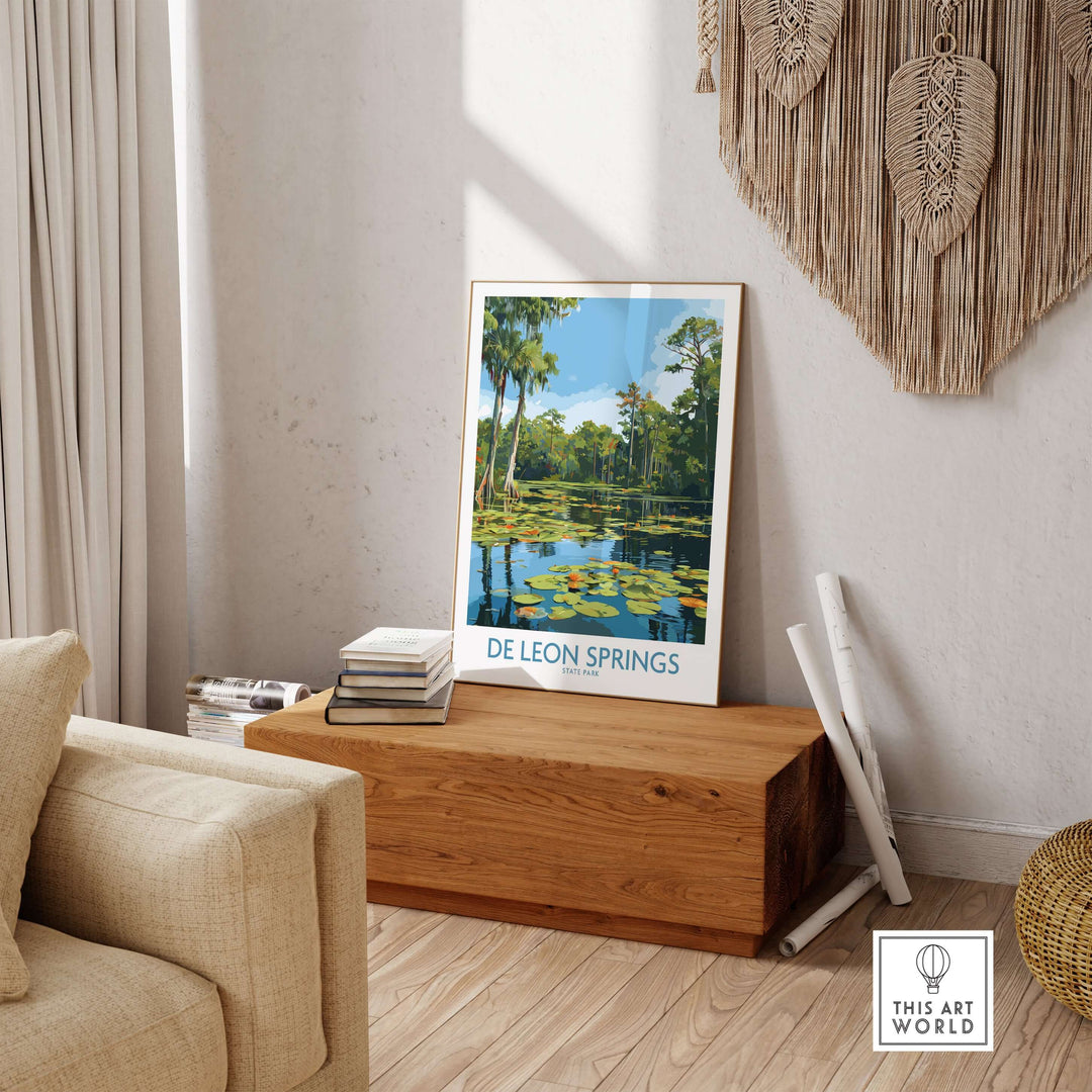De Leon Springs Florida Green Lily Pond Poster in a modern living room setting, showcasing tranquil nature decor.