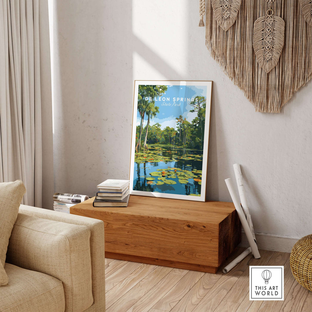 De Leon Springs lily pads wall art print in a cozy home setting, showcasing Florida's natural beauty.