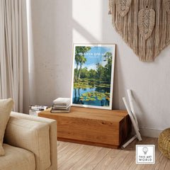 De Leon Springs Lily Pads on Water Print - Florida Natural Spring Wall Art displayed in a cozy living room.