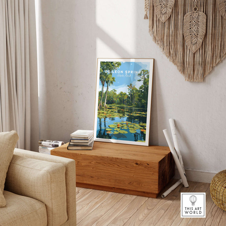 De Leon Springs lily pads wall art print in a cozy home setting, showcasing Florida's natural beauty.