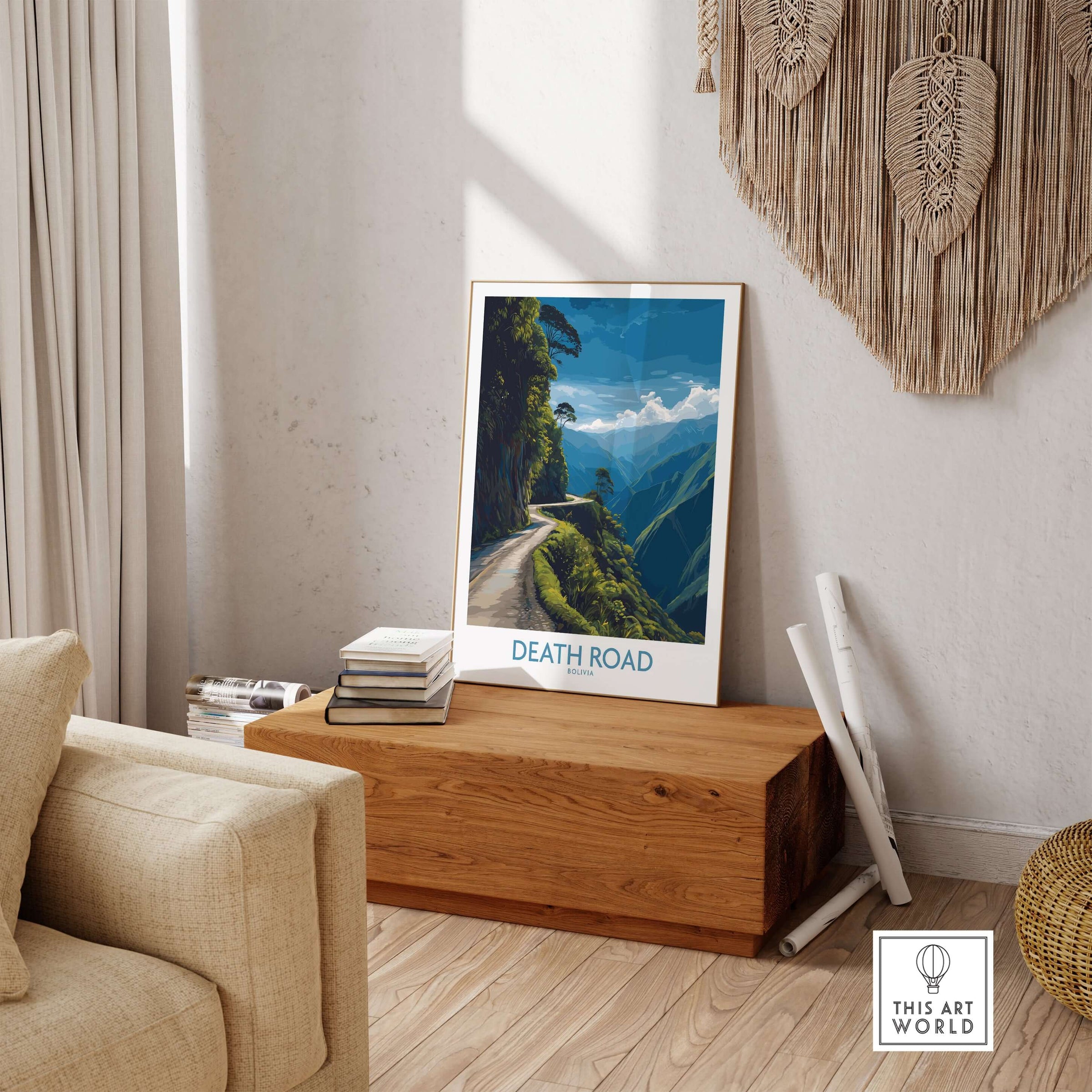 Death Road Bolivia Mountain Art Print | Yungas Camino Poster featuring a scenic view in a living space.
