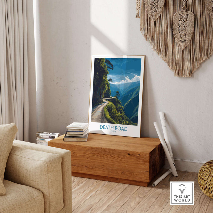 Death Road Bolivia Mountain Art Print | Yungas Camino Poster displayed in a cozy living room setting.