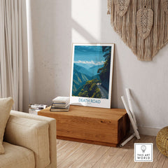 Death Road Bolivia Hiking Trail Art Print | Camino de la Mortes Poster displayed in a modern living room setting.