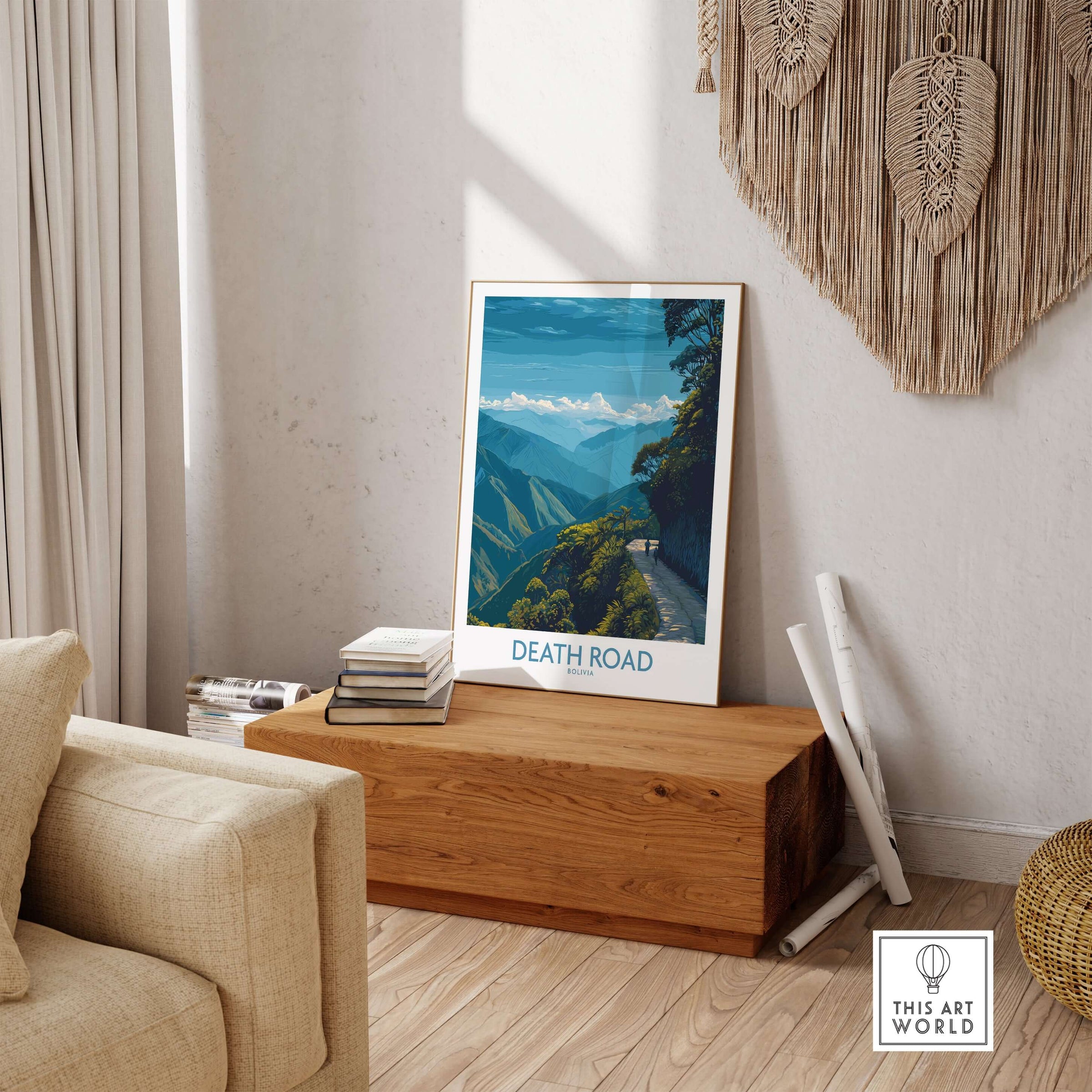 Death Road Bolivia Hiking Trail Art Print | Camino de la Mortes Poster displayed in a modern living room setting.