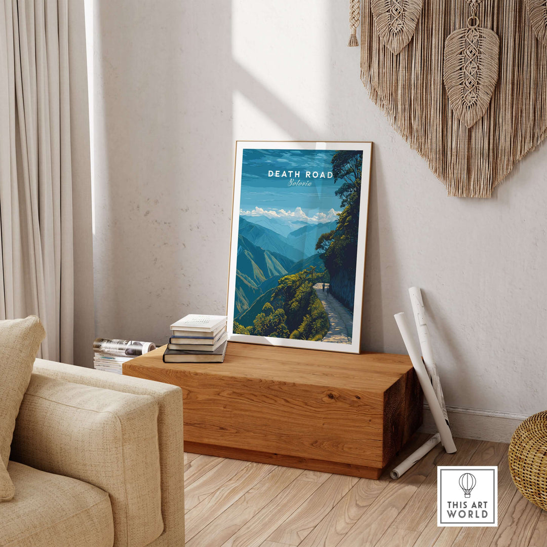 Death Road Yungas Adventure Scenic Print | Bolivian Travel Wall Decor displayed in a stylish living room setting.