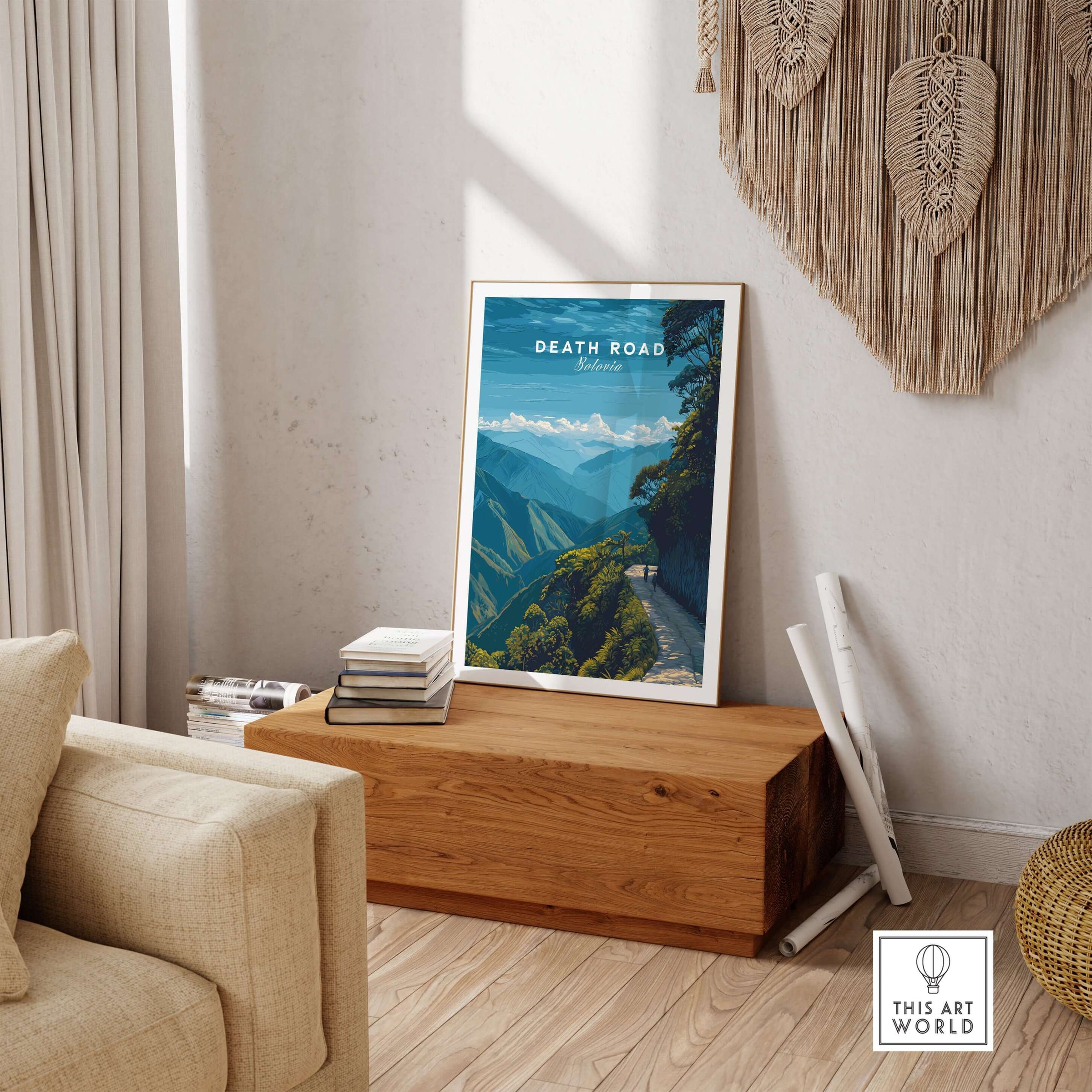 Death Road Yungas Adventure Scenic Print | Bolivian Travel Wall Decor displayed in a stylish living room setting.