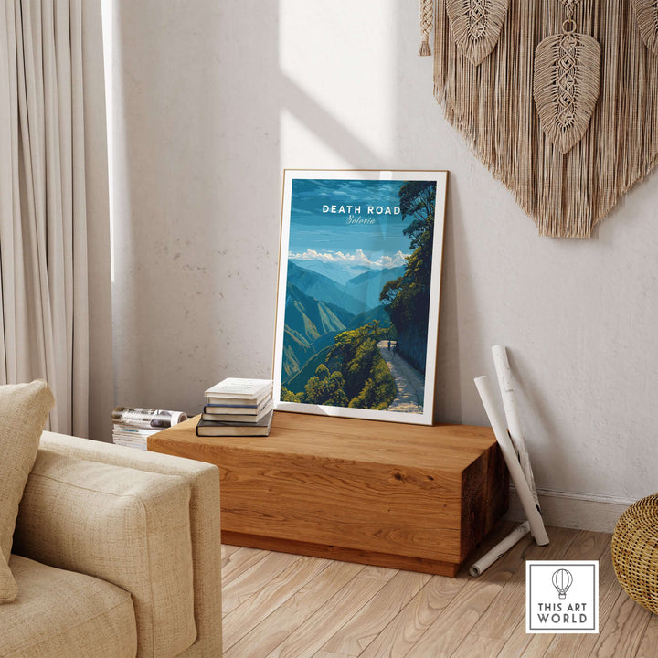 Death Road Yungas Adventure Scenic Print | Bolivian Travel Wall Decor displayed in a stylish living room setting.