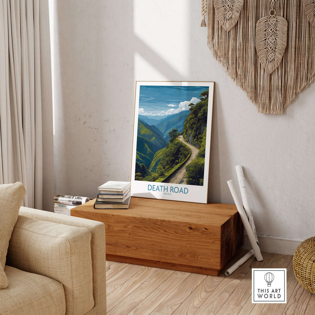 Death Road Bolivia Art Print | Yungas Road Poster displayed in a cozy living room setting.