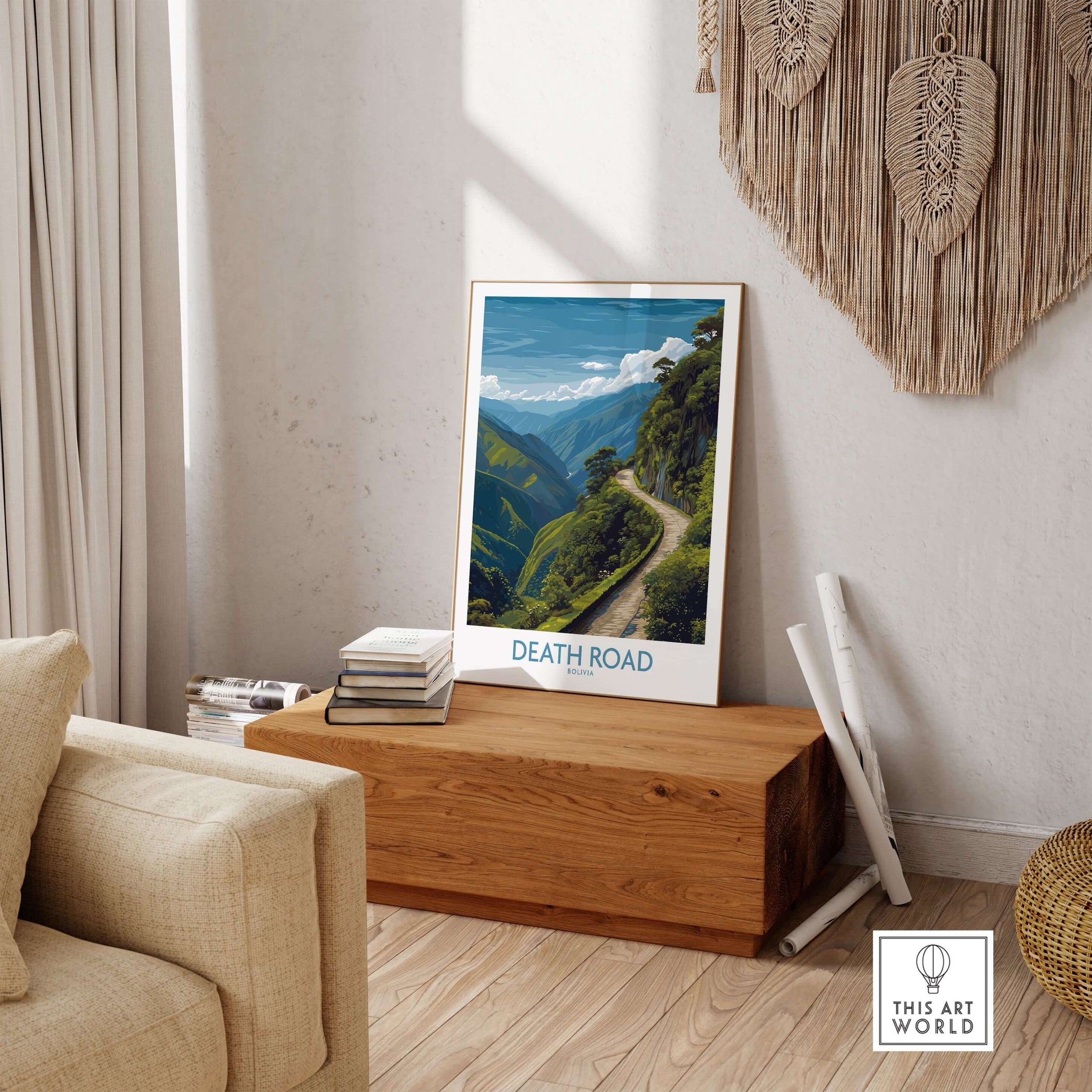 Death Road Bolivia Art Print | Yungas Road Poster displayed in a stylish living room setting.