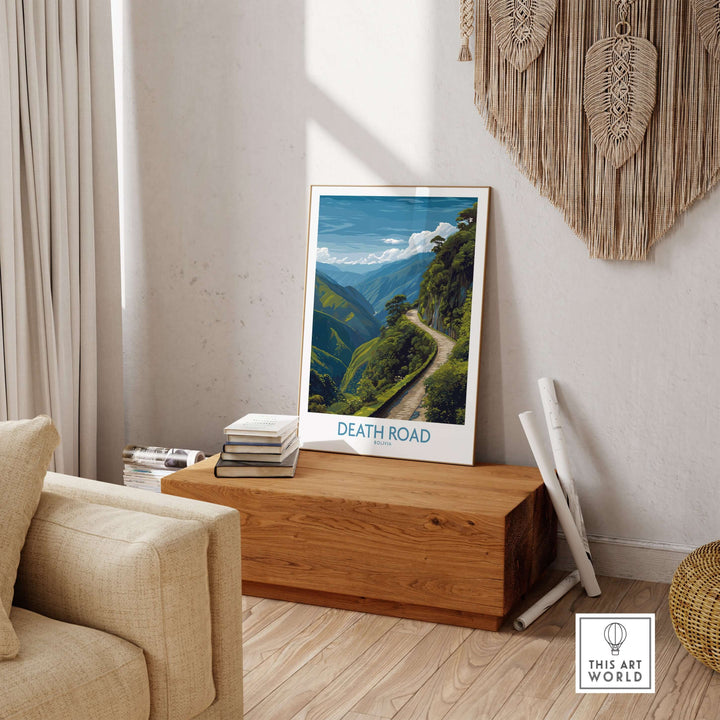 Death Road Bolivia Art Print | Yungas Road Poster displayed in a cozy living room setting.