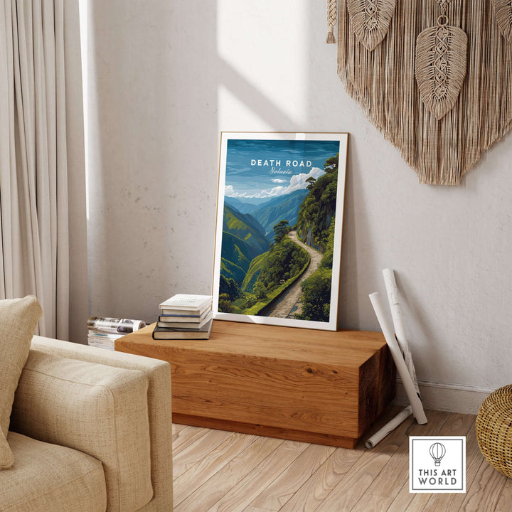 Death Road Andes Print | Yungas Road Poster displayed in a cozy living room with scenic mountain backdrop.