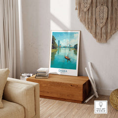 Dhaka Print Bangladesh Buriganga River Poster - Bangladeshi Cityscape Decor displayed in a stylish living room.