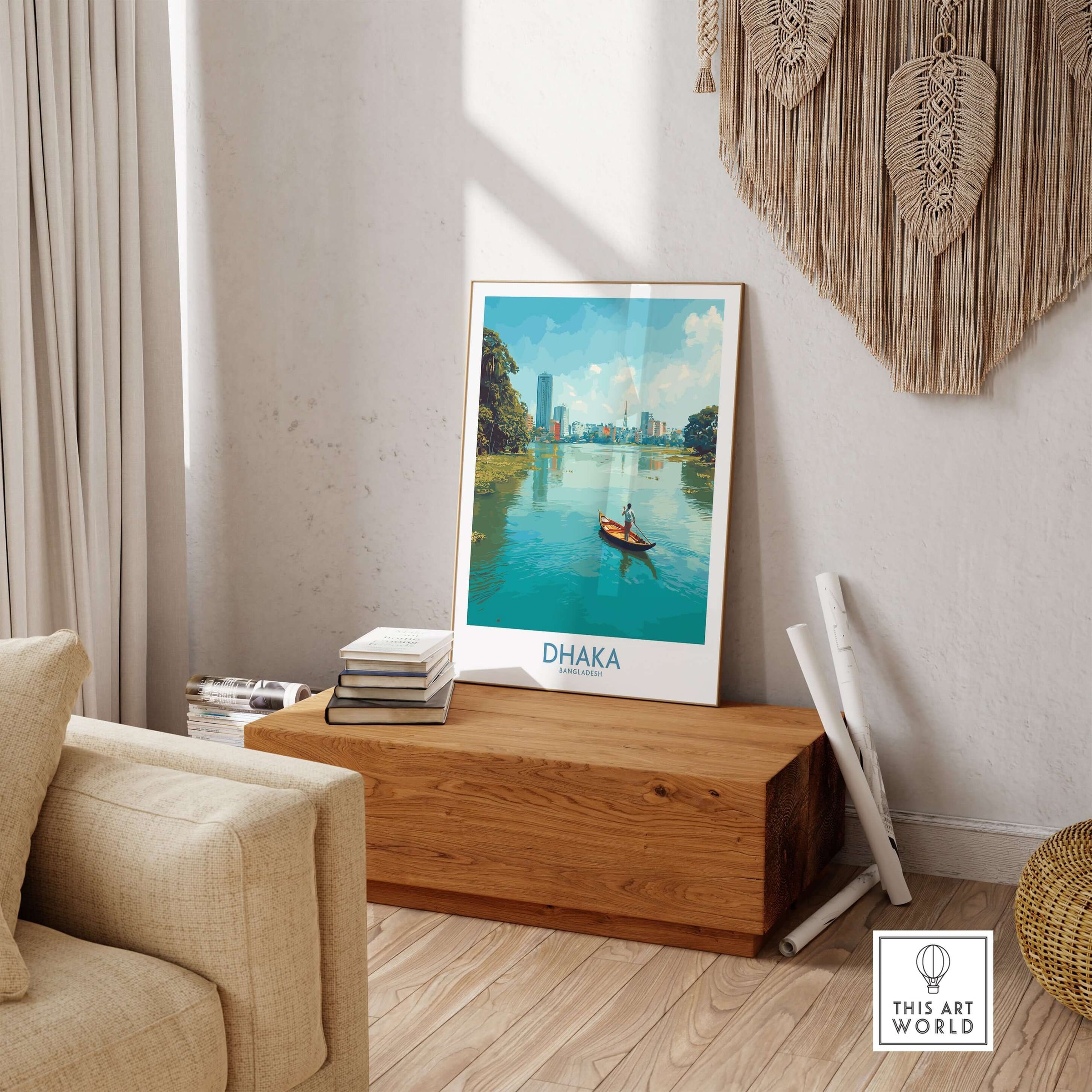 Dhaka Print Bangladesh Buriganga River Poster - Bangladeshi Cityscape Decor displayed in a stylish living room.