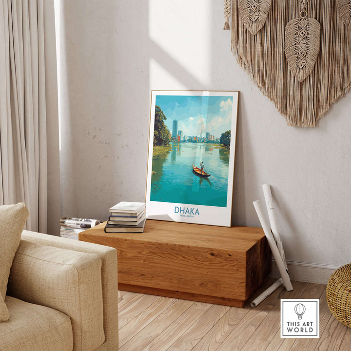 Dhaka Buriganga River poster displayed in a cozy living room, highlighting Bangladesh cityscape decor.