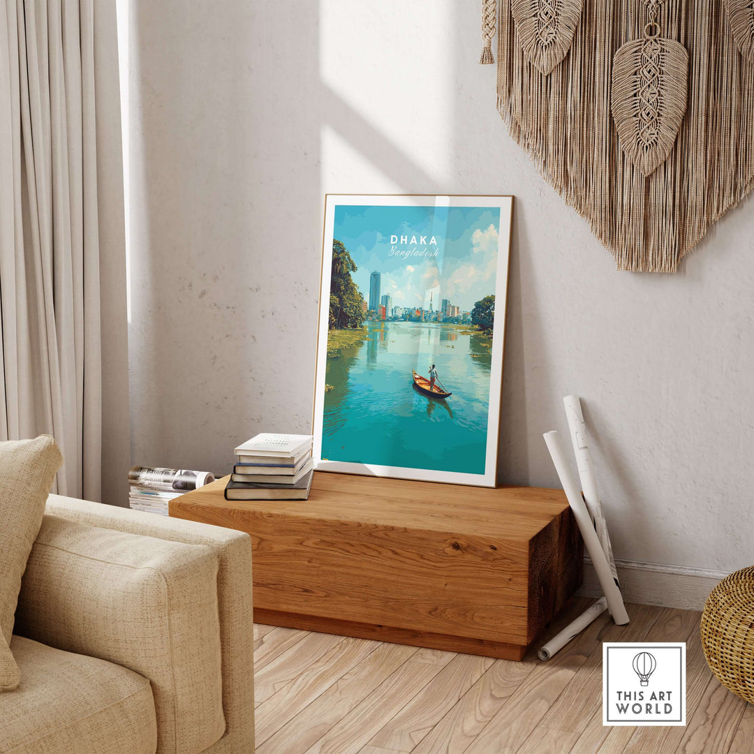 Dhaka city view poster artwork showcasing vibrant riverfront scenes and urban landscape decor.