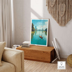 Dhaka Poster Bangladesh River City View Print - Urban Waterfront Wall Art displayed in a cozy living room setting.
