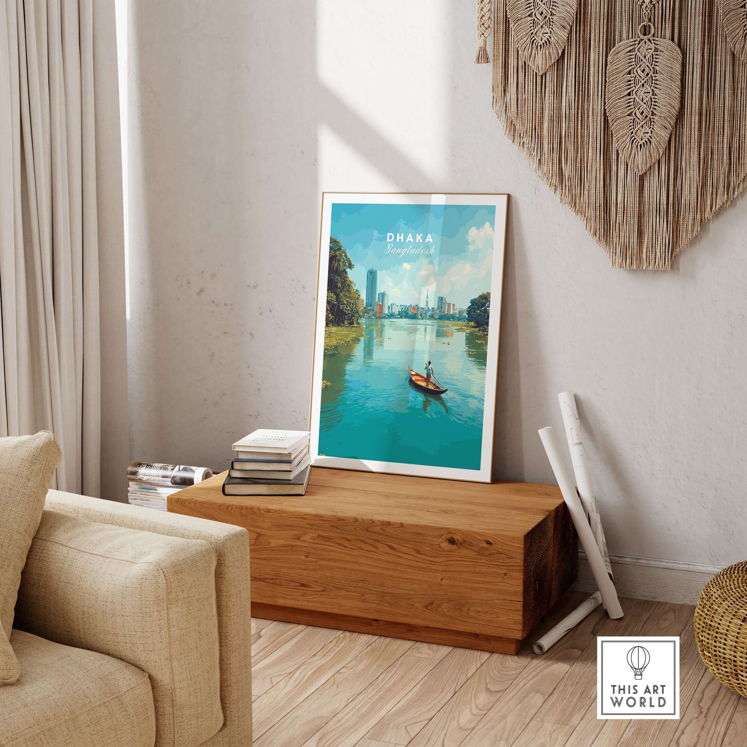Dhaka Poster Bangladesh River City View Print - Urban Waterfront Wall Art displayed in a cozy living room setting.