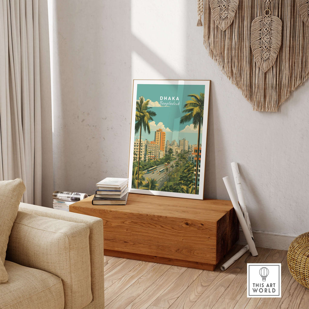 Dhaka Bangladesh poster featuring modern city skyline and palm trees, ideal for urban decor inspiration.
