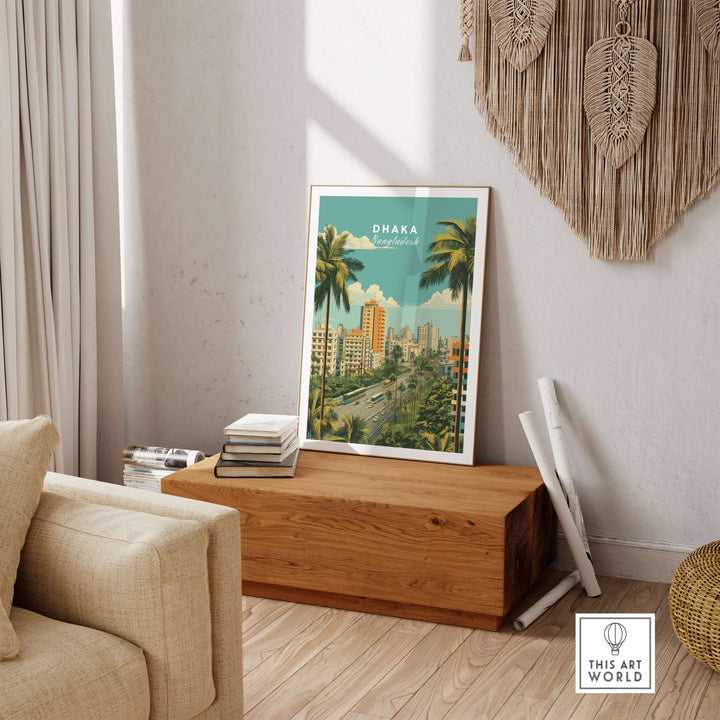 Dhaka Bangladesh poster featuring modern city skyline and palm trees, ideal for urban decor inspiration.