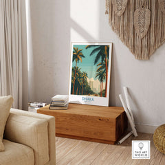 Dhaka Bangladesh Poster - Bangladeshi Travel Scene in a cozy home setting with palm trees and urban backdrop.