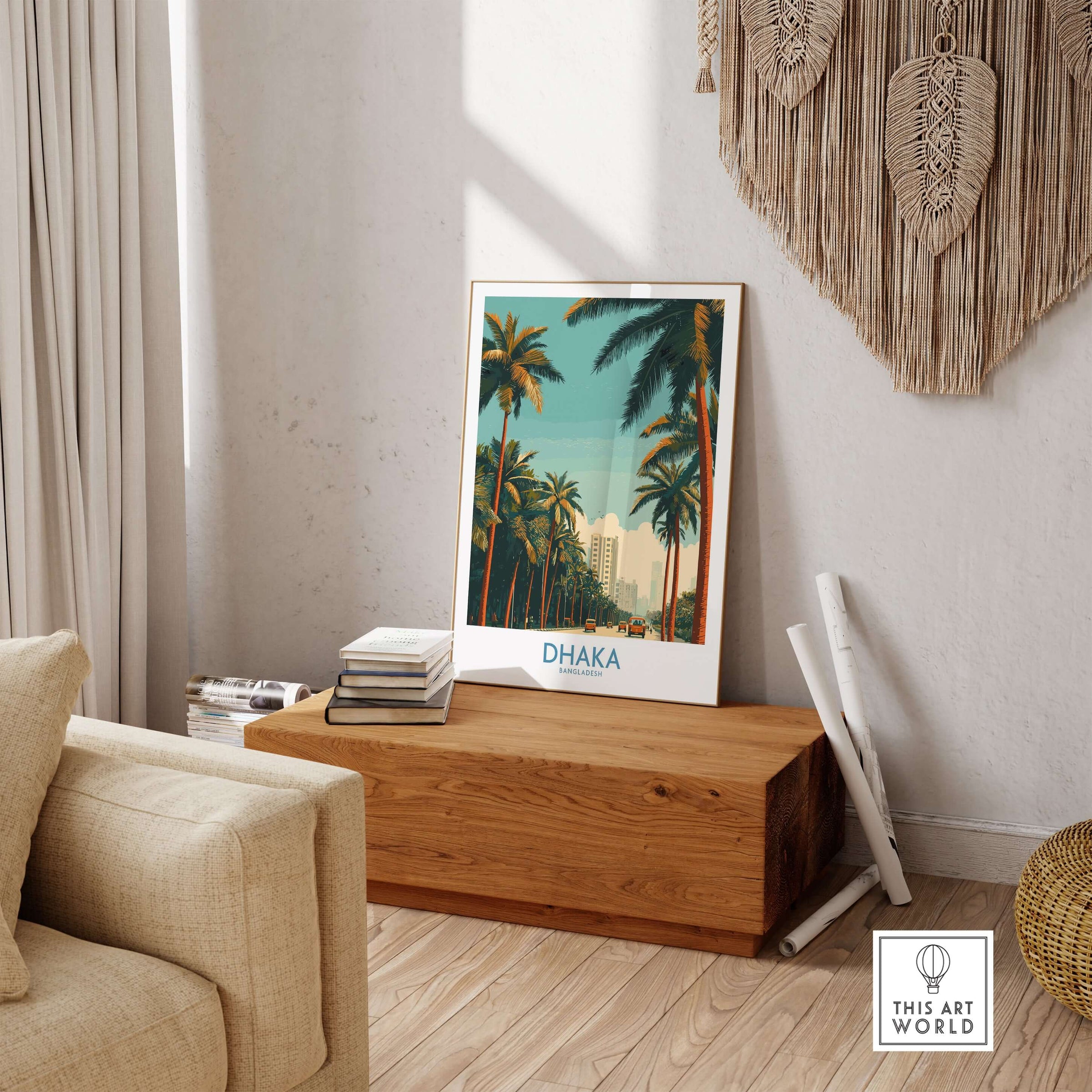 Dhaka Bangladesh Poster - Bangladeshi Travel Scene in a cozy home setting with palm trees and urban backdrop.