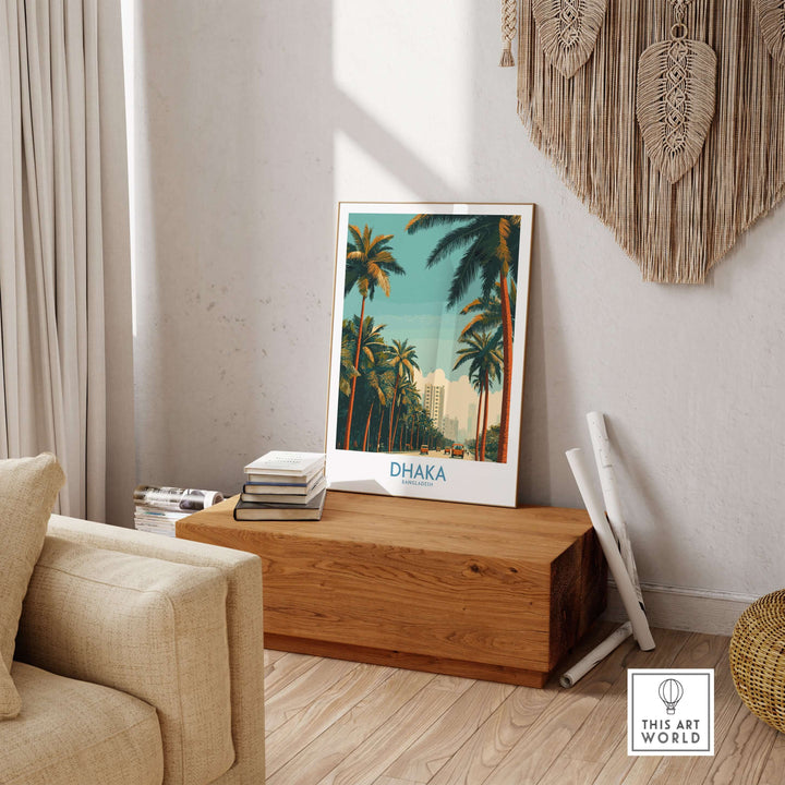 Dhaka Bangladesh poster featuring palm trees and city skyline, perfect for travel-themed home decor.