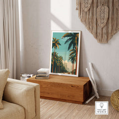 Dhaka Bangladesh Print - City Life Wall Art displayed in a stylish living room setting with palm trees.