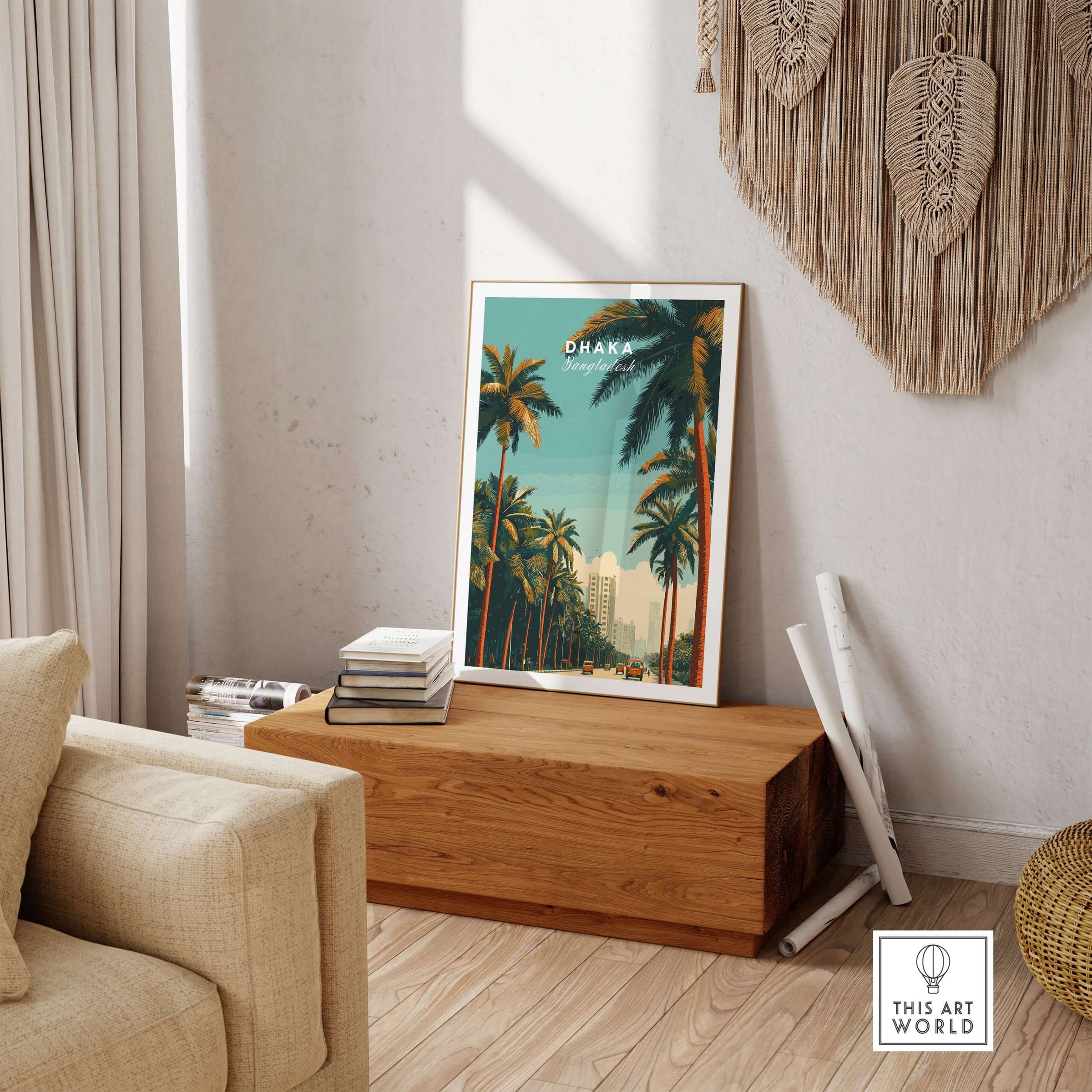 Dhaka Bangladesh Print - City Life Wall Art displayed in a stylish living room setting with palm trees.