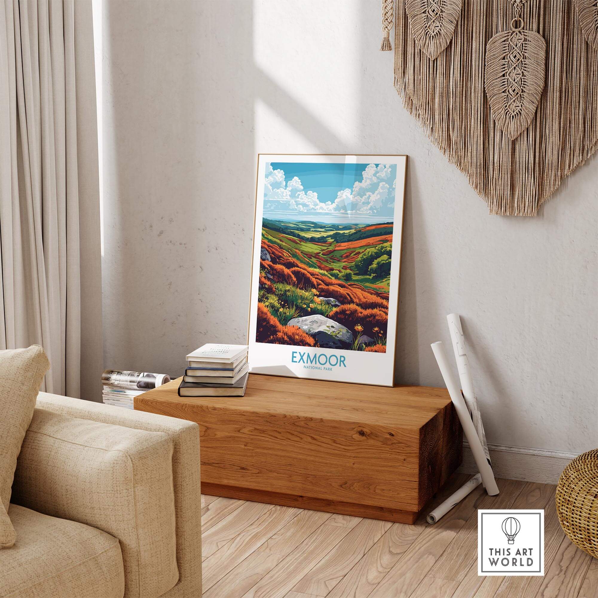 Exmoor Wall Art Poster displayed in a cozy room, highlighting the beauty of Exmoor National Park.