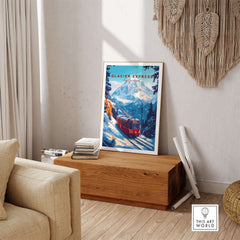 Glacier Express Travel Print displayed in a cozy interior, showcasing stunning Alpine scenery and red train.