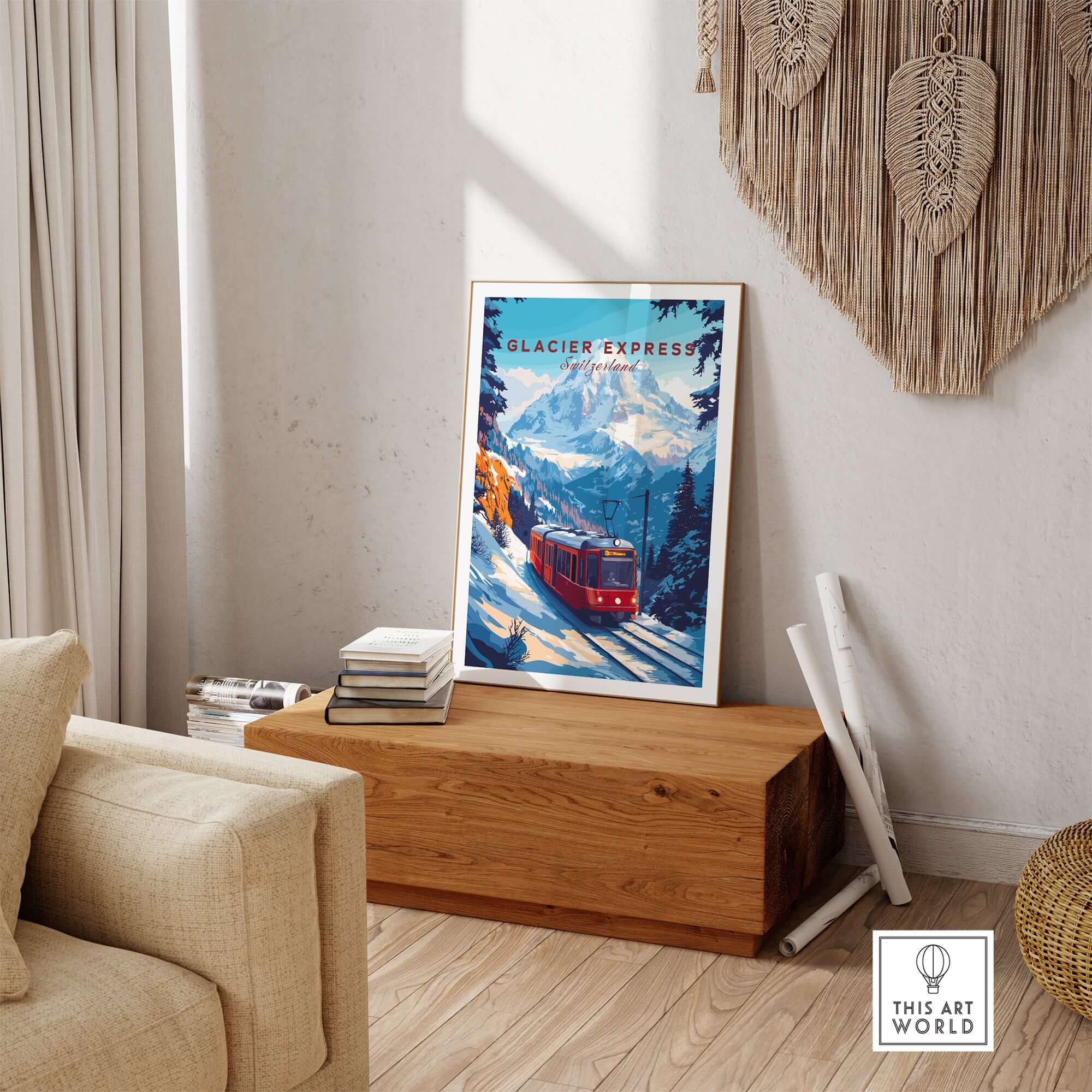 Glacier Express Travel Print displayed in a cozy interior, showcasing stunning Alpine scenery and red train.