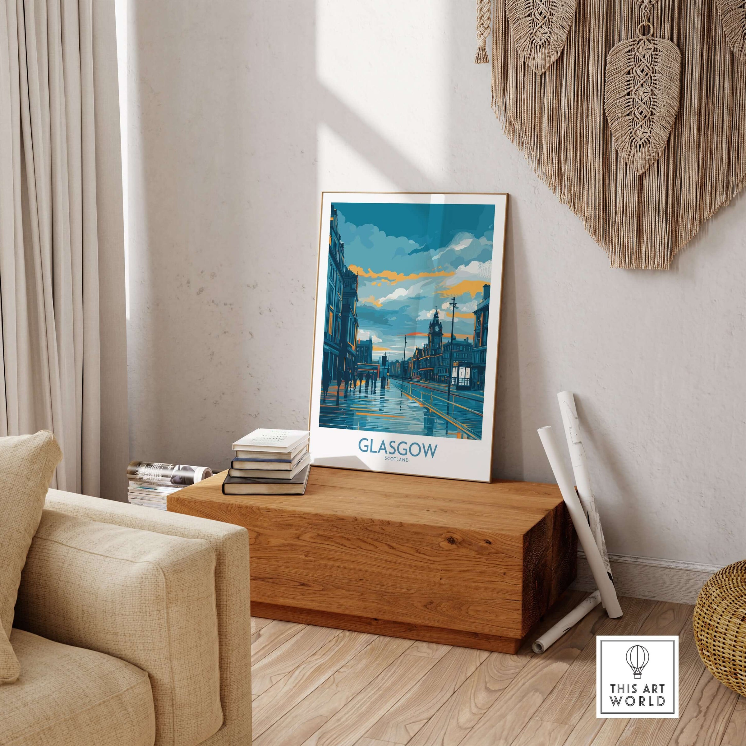 Glasgow Clock Tower Cityscape Poster - Scottish Travel Decor displayed in a cozy living room setting.