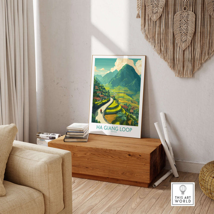 Ha Giang Loop Vietnam travel poster featuring lush rice paddies, mountains, and a winding road amidst vibrant scenery.