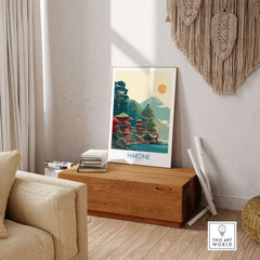 Hakone Japan Lake Ashi Temple Print - Japanese Pagoda Wall Art displayed in a cozy interior setting.