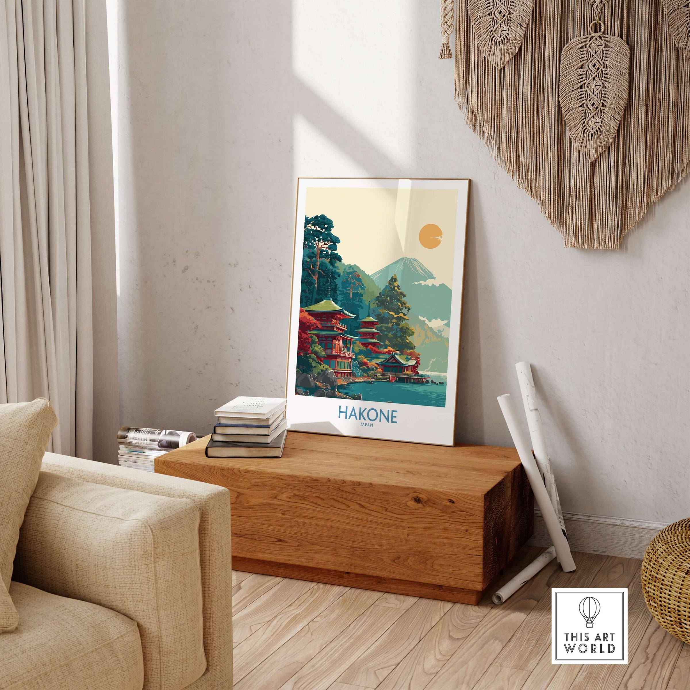 Hakone Japan Lake Ashi Temple Print - Japanese Pagoda Wall Art displayed in a cozy interior setting.