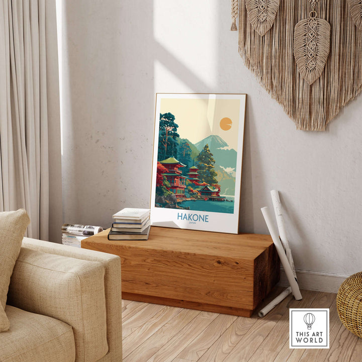 Hakone Japan Lake Ashi temple print in living room, featuring a traditional pagoda and serene mountain backdrop.